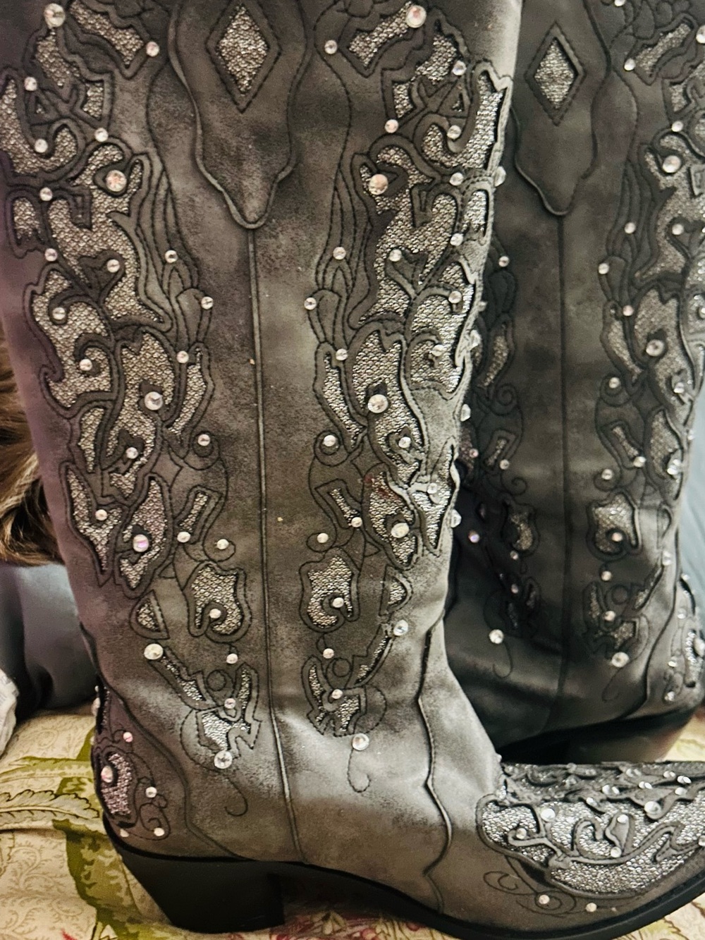 Embellished Western Knee-High Boots — Gray